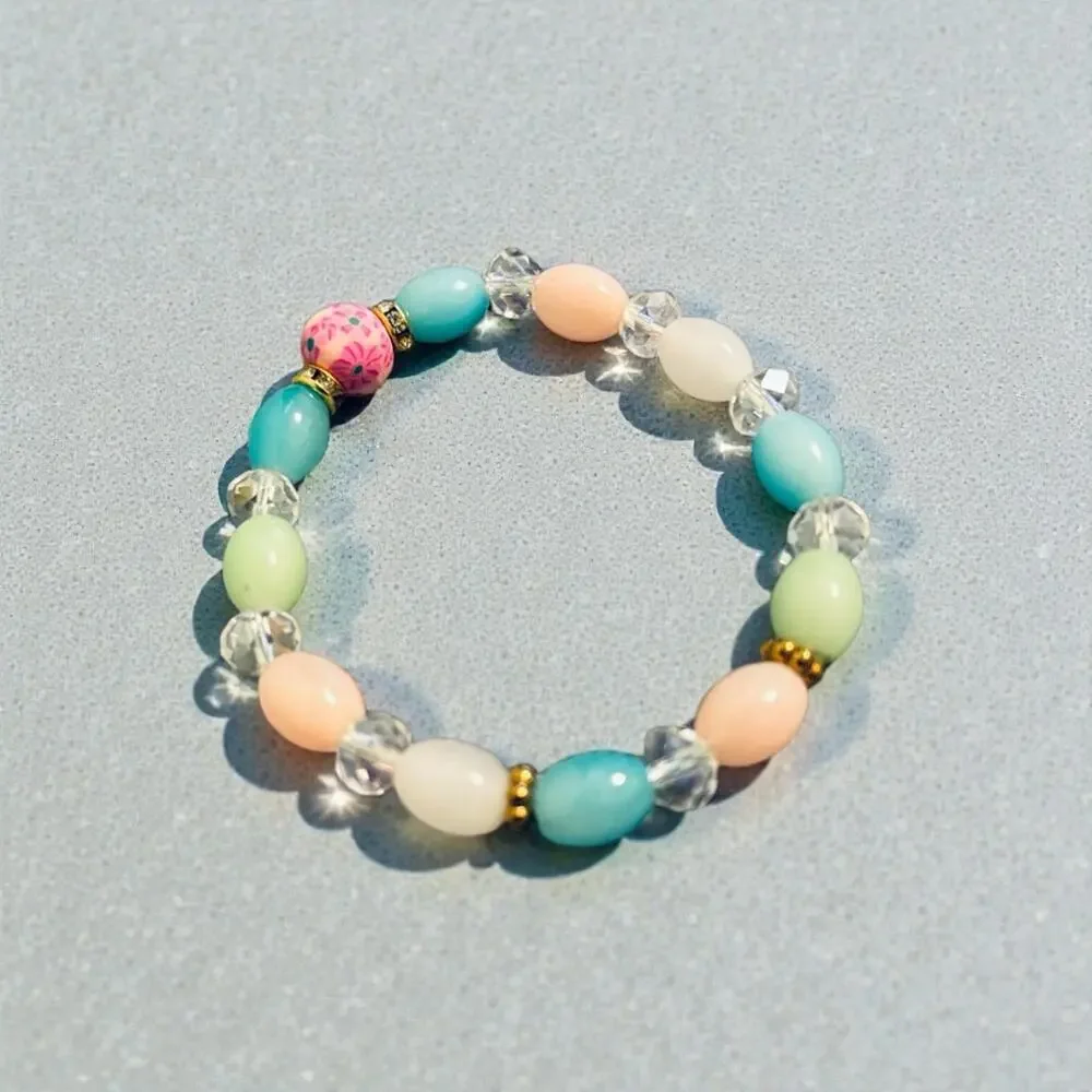 Kids Pastel Beaded Stretch Bracelet Floral Accent Rhinestone Gold Tone‎